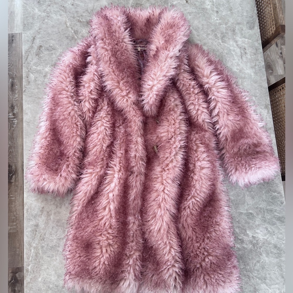 Free People Helena Shearling Coat Pink Faux Fur Shawl Collar Satin Lining